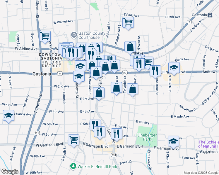 map of restaurants, bars, coffee shops, grocery stores, and more near 319 East Second Avenue in Gastonia