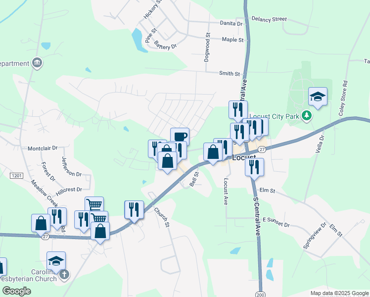 map of restaurants, bars, coffee shops, grocery stores, and more near 236 Market Street in Locust