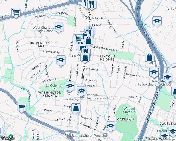 map of restaurants, bars, coffee shops, grocery stores, and more near 2103 Saint Luke Street in Charlotte