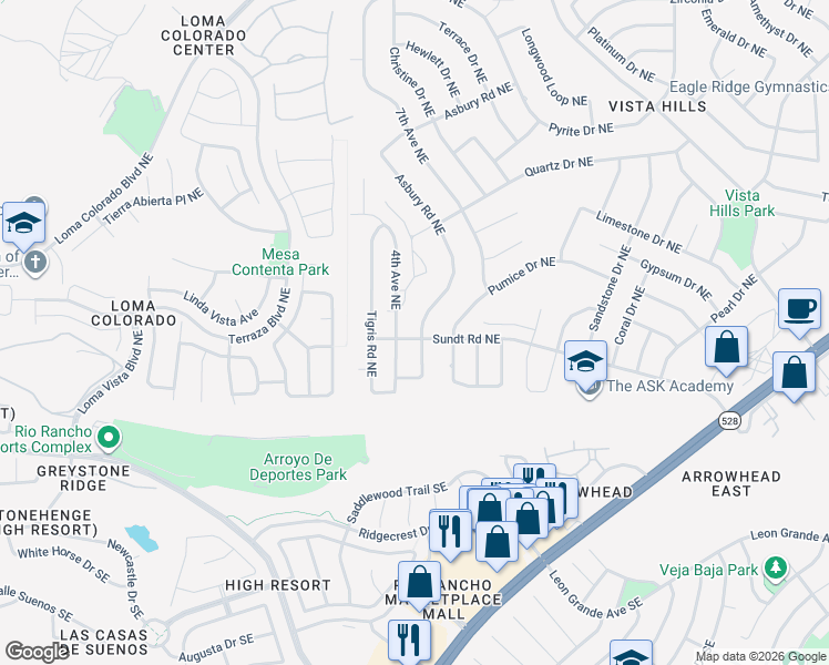 map of restaurants, bars, coffee shops, grocery stores, and more near 301 Asbury Road Northeast in Rio Rancho