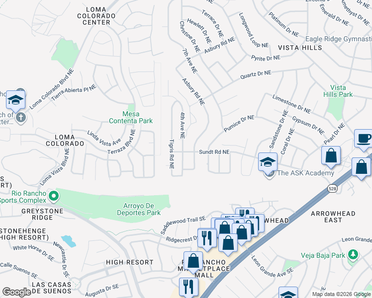 map of restaurants, bars, coffee shops, grocery stores, and more near 301 Asbury Road Northeast in Rio Rancho
