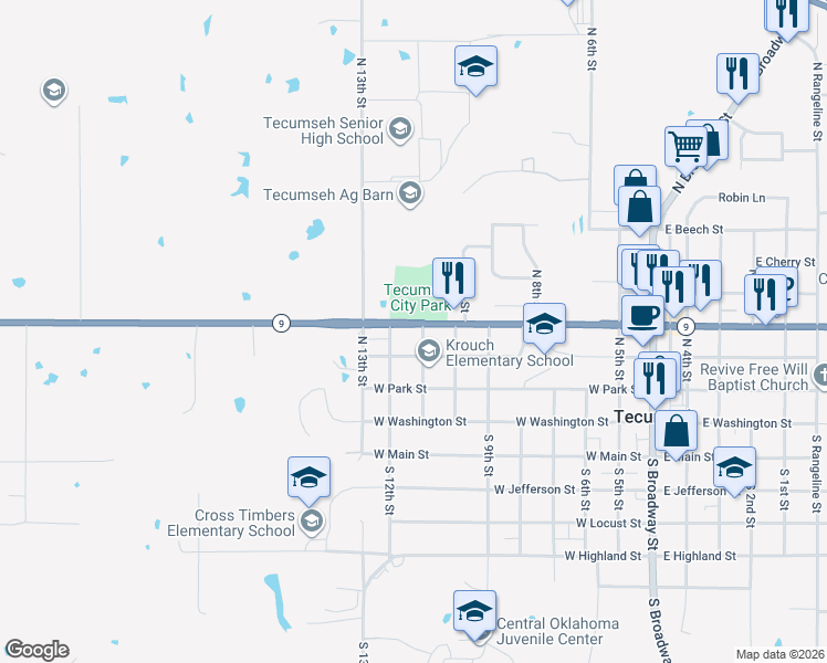 map of restaurants, bars, coffee shops, grocery stores, and more near 319 North 12th Street in Tecumseh