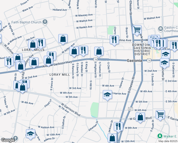 map of restaurants, bars, coffee shops, grocery stores, and more near 810 W 2nd Ave in Gastonia