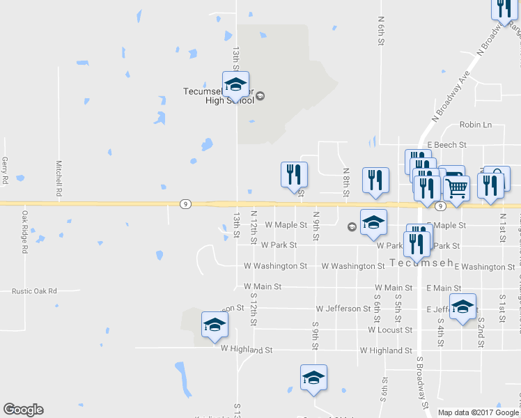 map of restaurants, bars, coffee shops, grocery stores, and more near 319 North 12th Street in Tecumseh