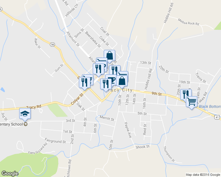 map of restaurants, bars, coffee shops, grocery stores, and more near 375 Railroad Ave in Tracy City