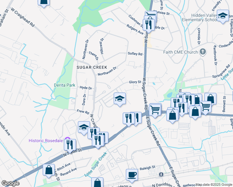 map of restaurants, bars, coffee shops, grocery stores, and more near 3959 Damask Drive in Charlotte