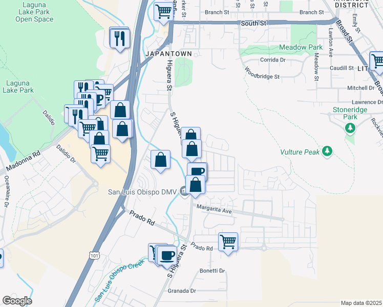 map of restaurants, bars, coffee shops, grocery stores, and more near 2935 South Higuera Street in San Luis Obispo