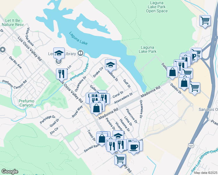 map of restaurants, bars, coffee shops, grocery stores, and more near 1235 West Newport Street in San Luis Obispo