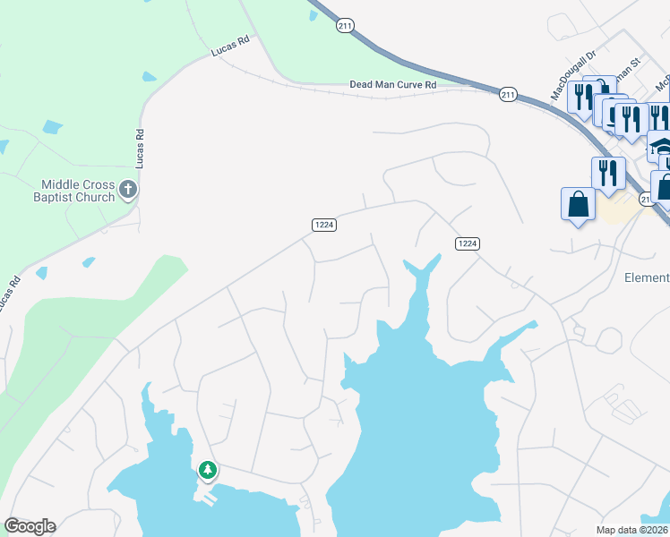 map of restaurants, bars, coffee shops, grocery stores, and more near 104 Ritter Drive in Seven Lakes