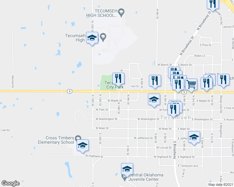 map of restaurants, bars, coffee shops, grocery stores, and more near 324 North 10th Street in Tecumseh