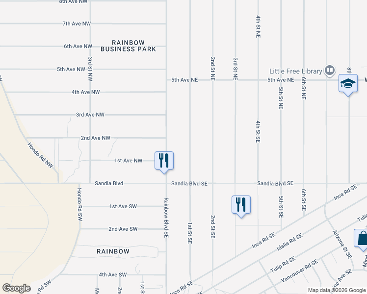 map of restaurants, bars, coffee shops, grocery stores, and more near 105 2nd St NE in Rio Rancho