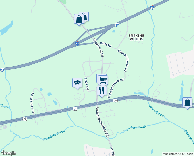 map of restaurants, bars, coffee shops, grocery stores, and more near 108 Delmont Court in Bessemer City