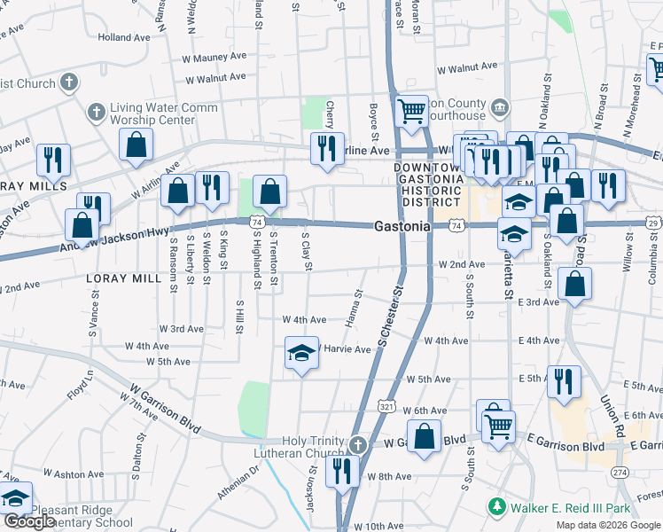 map of restaurants, bars, coffee shops, grocery stores, and more near 520 West 2nd Avenue in Gastonia