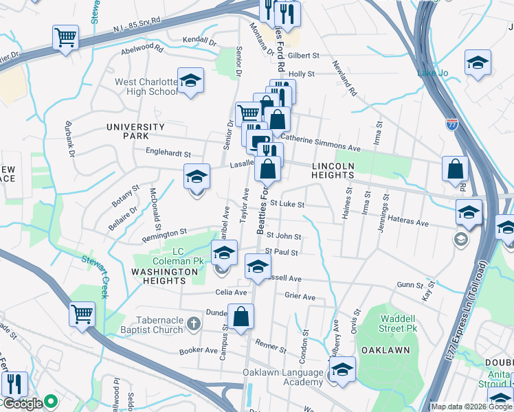 map of restaurants, bars, coffee shops, grocery stores, and more near 1800 Taylor Avenue in Charlotte