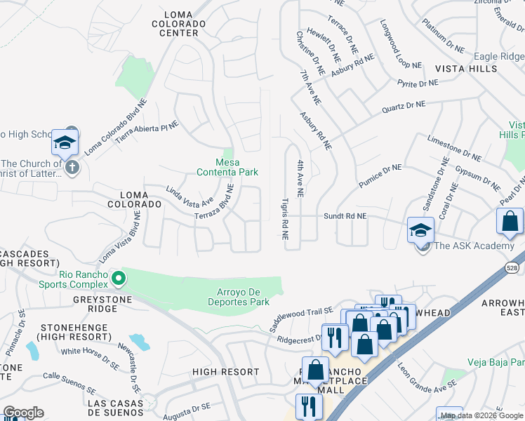 map of restaurants, bars, coffee shops, grocery stores, and more near 312 Paseo Vista Loop Northeast in Rio Rancho