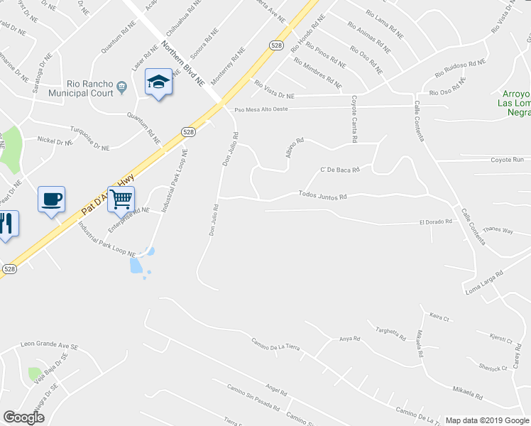 map of restaurants, bars, coffee shops, grocery stores, and more near 87 El Dorado Road in Corrales