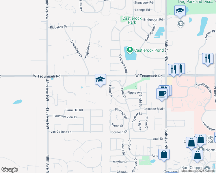 map of restaurants, bars, coffee shops, grocery stores, and more near 3516 Teton Ln in Norman