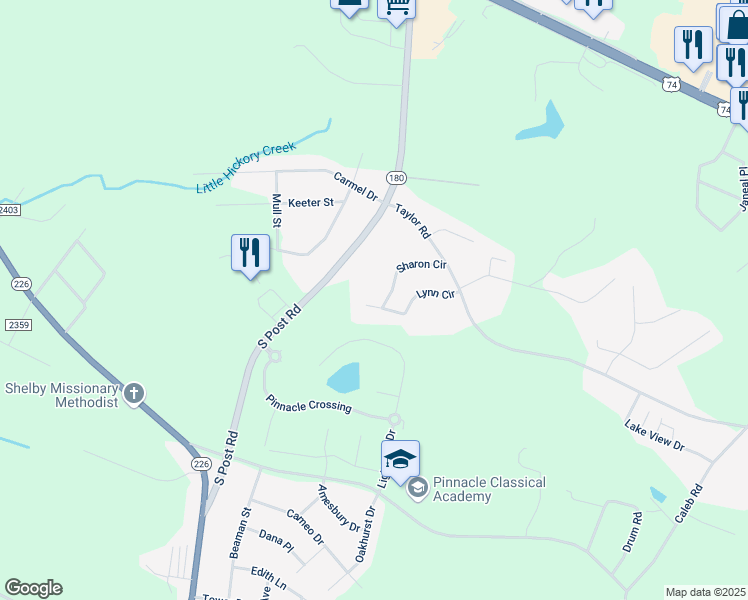 map of restaurants, bars, coffee shops, grocery stores, and more near 4010 Lynn Circle in Shelby