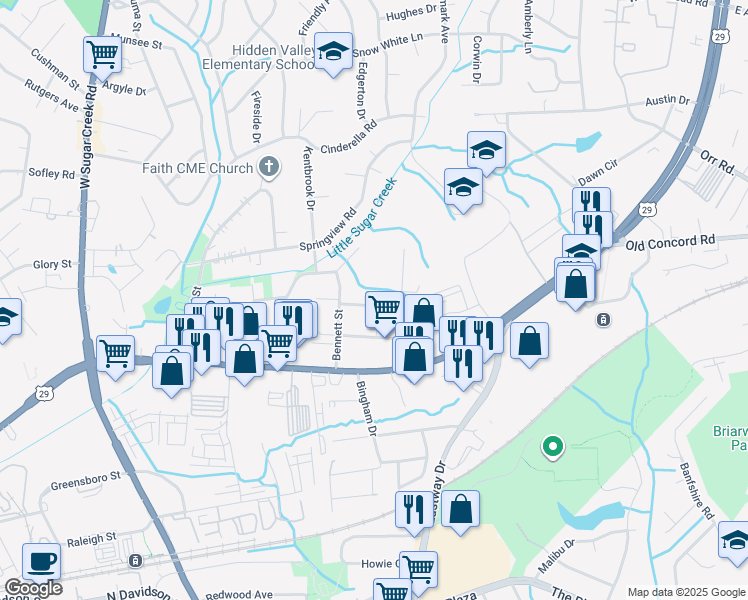 map of restaurants, bars, coffee shops, grocery stores, and more near 4921 Hillsboro Avenue in Charlotte