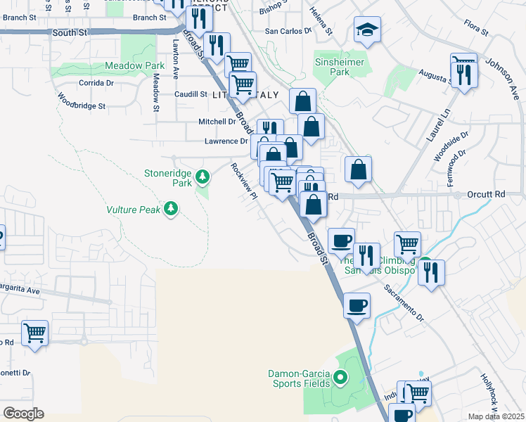 map of restaurants, bars, coffee shops, grocery stores, and more near Rockview Place in San Luis Obispo