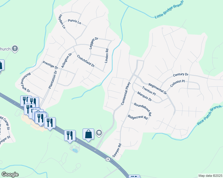 map of restaurants, bars, coffee shops, grocery stores, and more near 25 Red Coat Drive in Cameron