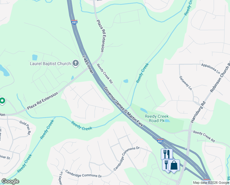 map of restaurants, bars, coffee shops, grocery stores, and more near 8701 Reedy Creek Road in Charlotte
