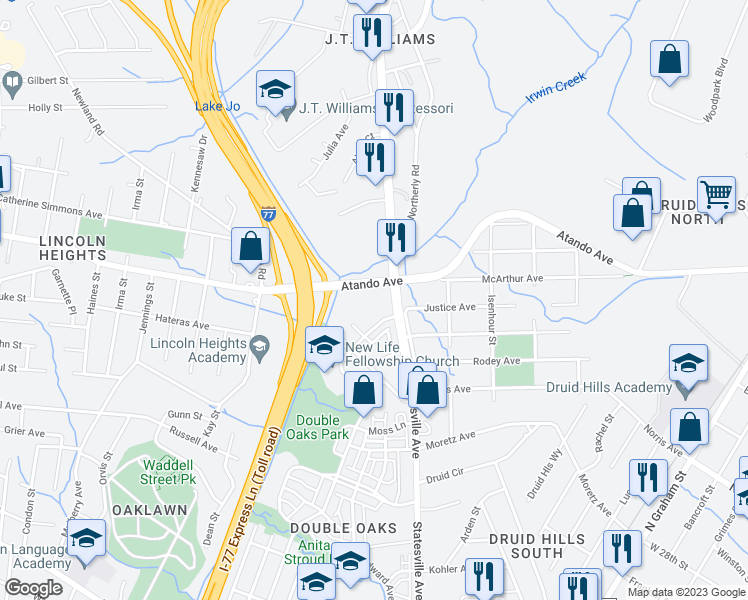map of restaurants, bars, coffee shops, grocery stores, and more near 3023 Statesville Avenue in Charlotte