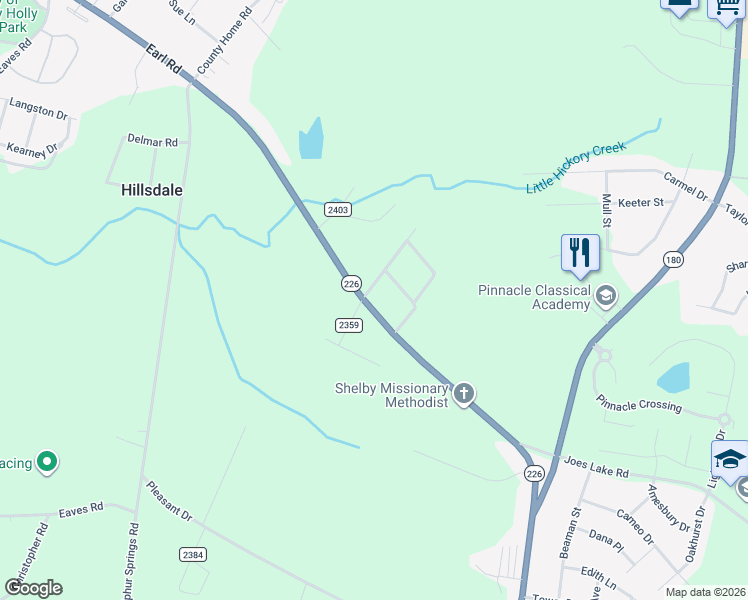 map of restaurants, bars, coffee shops, grocery stores, and more near 1301 Earl Road in Shelby