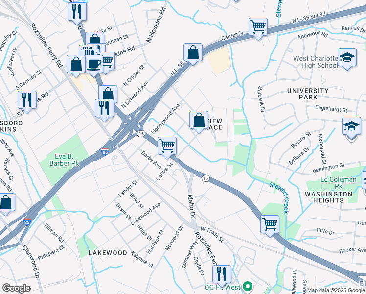 map of restaurants, bars, coffee shops, grocery stores, and more near 225 Centre Street in Charlotte