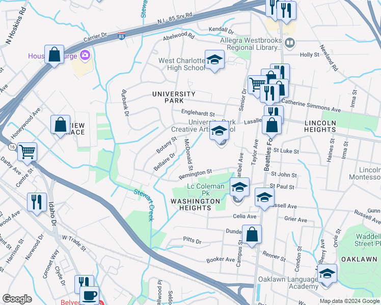 map of restaurants, bars, coffee shops, grocery stores, and more near 1811 McDonald Street in Charlotte