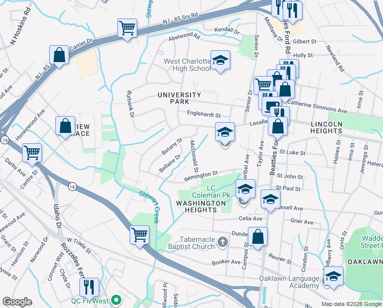 map of restaurants, bars, coffee shops, grocery stores, and more near 1811 McDonald Street in Charlotte