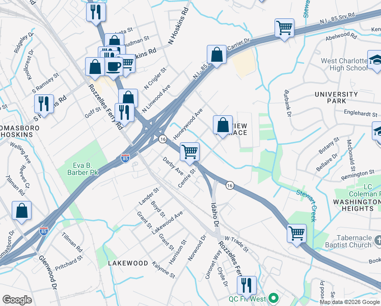 map of restaurants, bars, coffee shops, grocery stores, and more near 200 Nelson Avenue in Charlotte