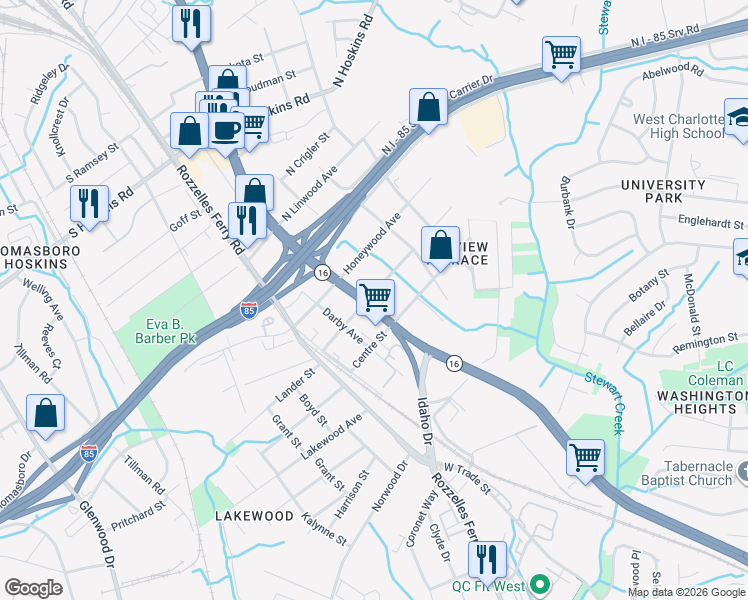 map of restaurants, bars, coffee shops, grocery stores, and more near 200 Nelson Avenue in Charlotte