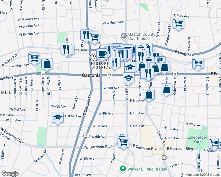 map of restaurants, bars, coffee shops, grocery stores, and more near 209 West 2nd Avenue in Gastonia