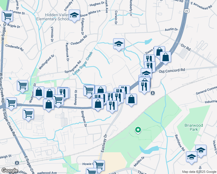 map of restaurants, bars, coffee shops, grocery stores, and more near 2019 Aberdale Farm Lane in Charlotte