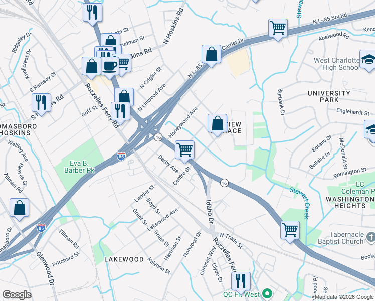 map of restaurants, bars, coffee shops, grocery stores, and more near 200 Nelson Avenue in Charlotte