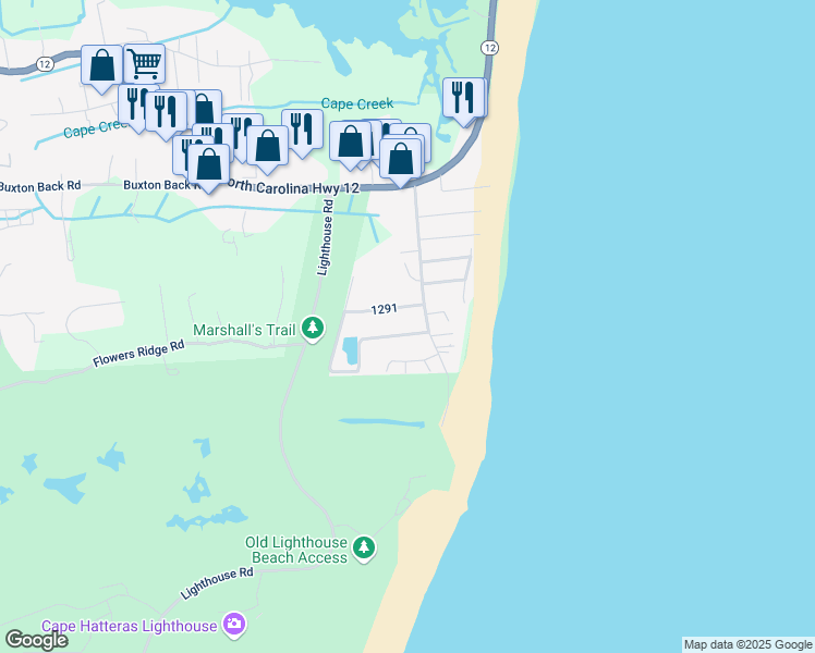 map of restaurants, bars, coffee shops, grocery stores, and more near 46062 Diamond Shoals Drive in Buxton