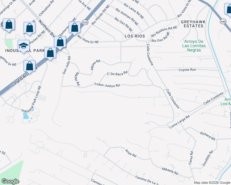 map of restaurants, bars, coffee shops, grocery stores, and more near 60 El Dorado Road in Corrales