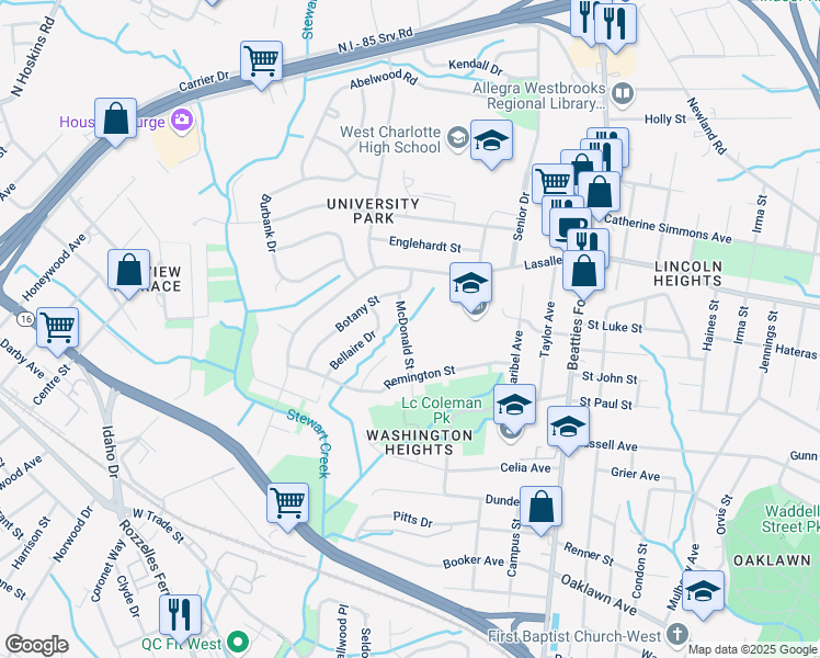 map of restaurants, bars, coffee shops, grocery stores, and more near 1811 McDonald Street in Charlotte