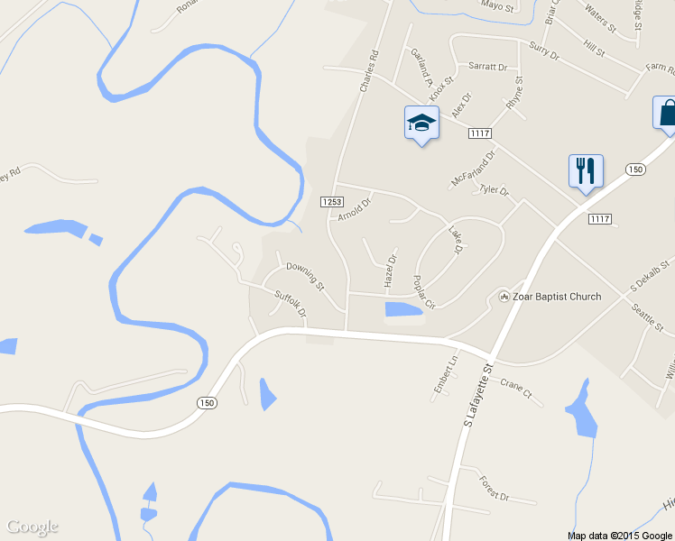 map of restaurants, bars, coffee shops, grocery stores, and more near 3032 Charles Road in Shelby