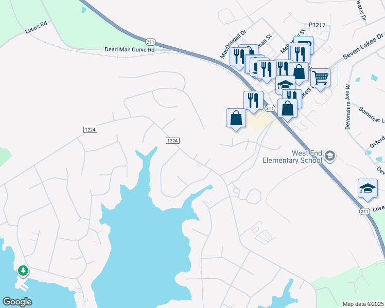 map of restaurants, bars, coffee shops, grocery stores, and more near 115 Wrentree Court in Seven Lakes
