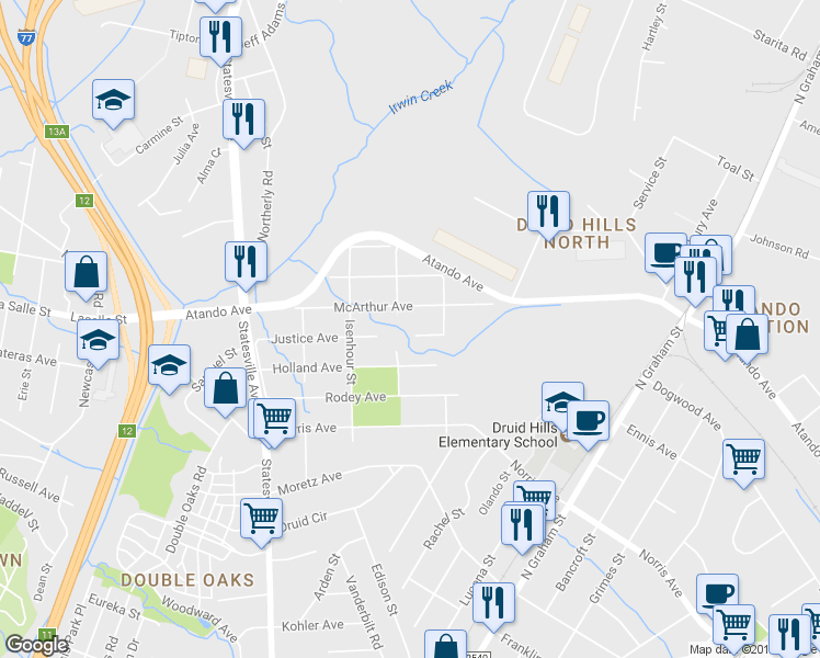 map of restaurants, bars, coffee shops, grocery stores, and more near 828 Justice Avenue in Charlotte