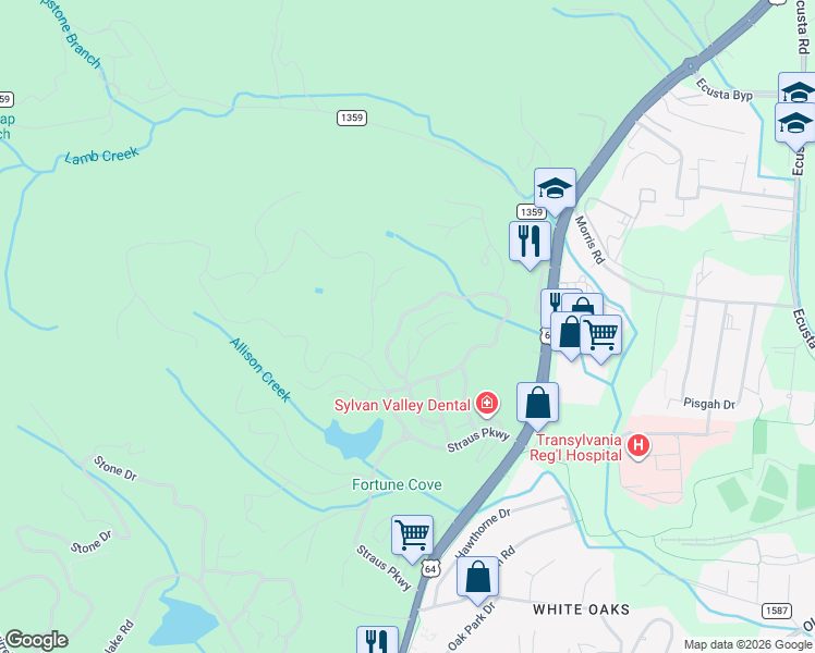 map of restaurants, bars, coffee shops, grocery stores, and more near 68 Stone Creek Trail in Brevard