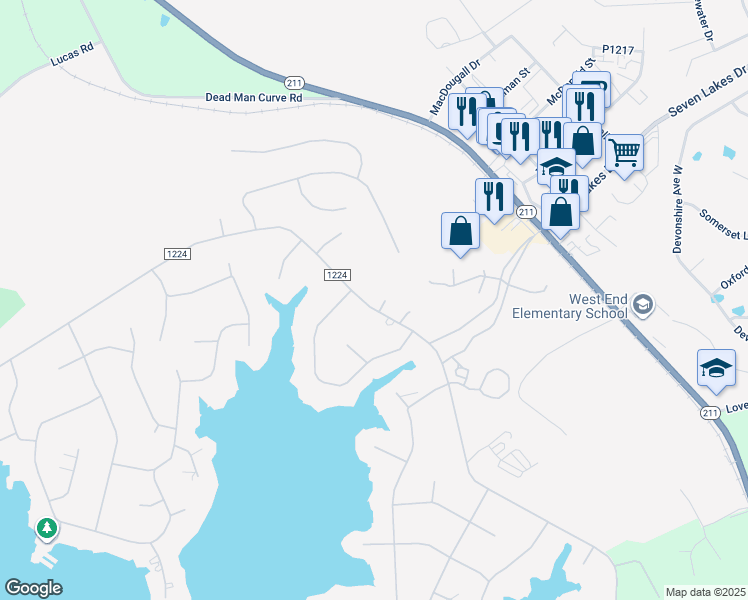 map of restaurants, bars, coffee shops, grocery stores, and more near 115 Wrentree Court in Seven Lakes