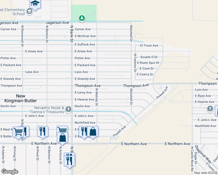 map of restaurants, bars, coffee shops, grocery stores, and more near 3162 E Thompson Ave in Kingman