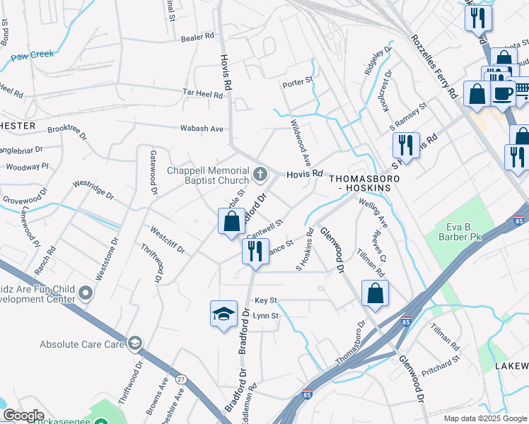 map of restaurants, bars, coffee shops, grocery stores, and more near 4420 Gum Street in Charlotte