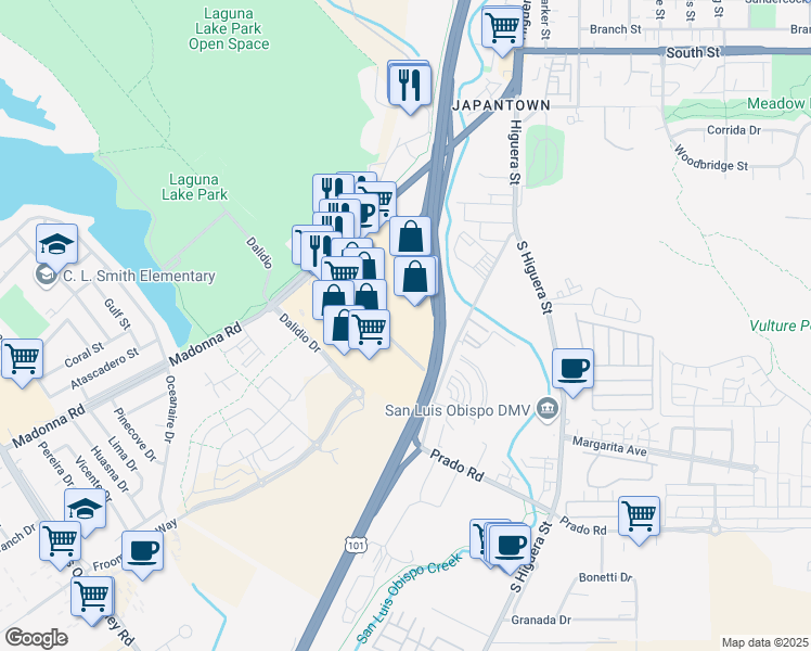 map of restaurants, bars, coffee shops, grocery stores, and more near 273 Madonna Road in San Luis Obispo