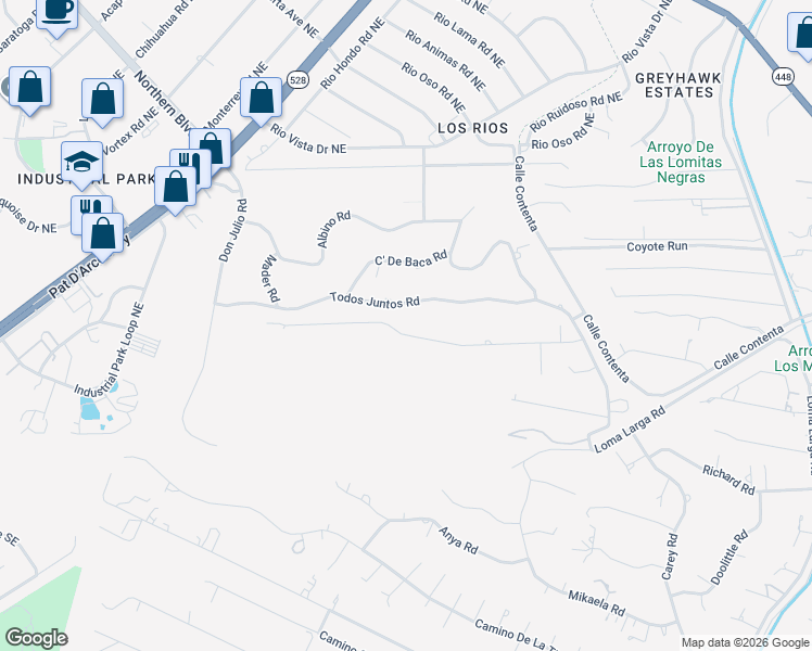 map of restaurants, bars, coffee shops, grocery stores, and more near 60 El Dorado Road in Corrales
