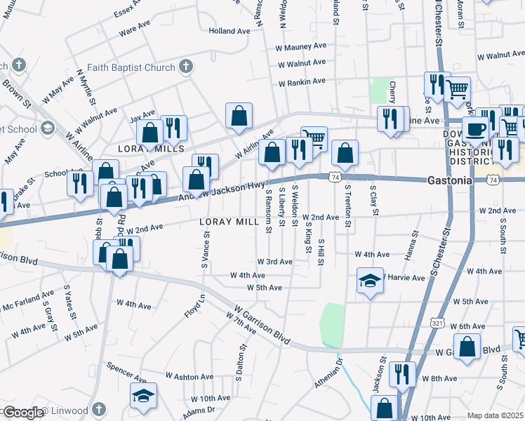 map of restaurants, bars, coffee shops, grocery stores, and more near 1100 West 2nd Avenue in Gastonia