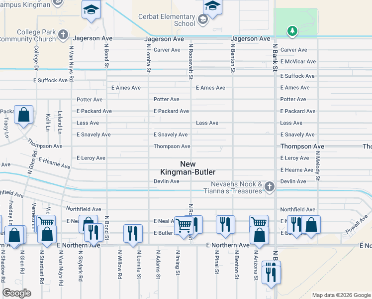 map of restaurants, bars, coffee shops, grocery stores, and more near 2570 Thompson Avenue in Kingman